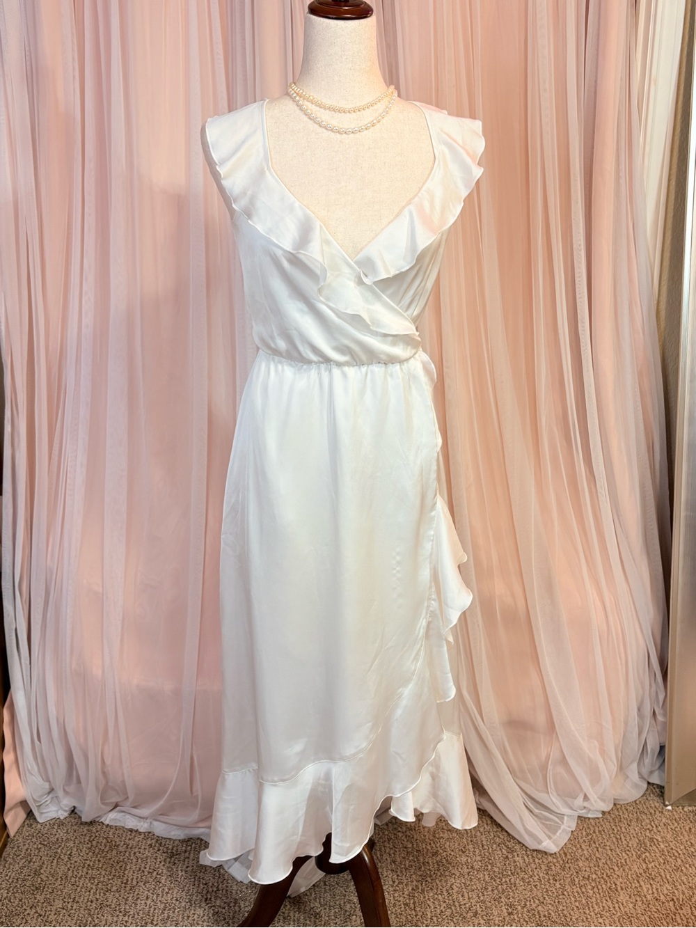 Show Me Your Mumu, White Satin Ruffle Wrap Midi Dress | Romantic